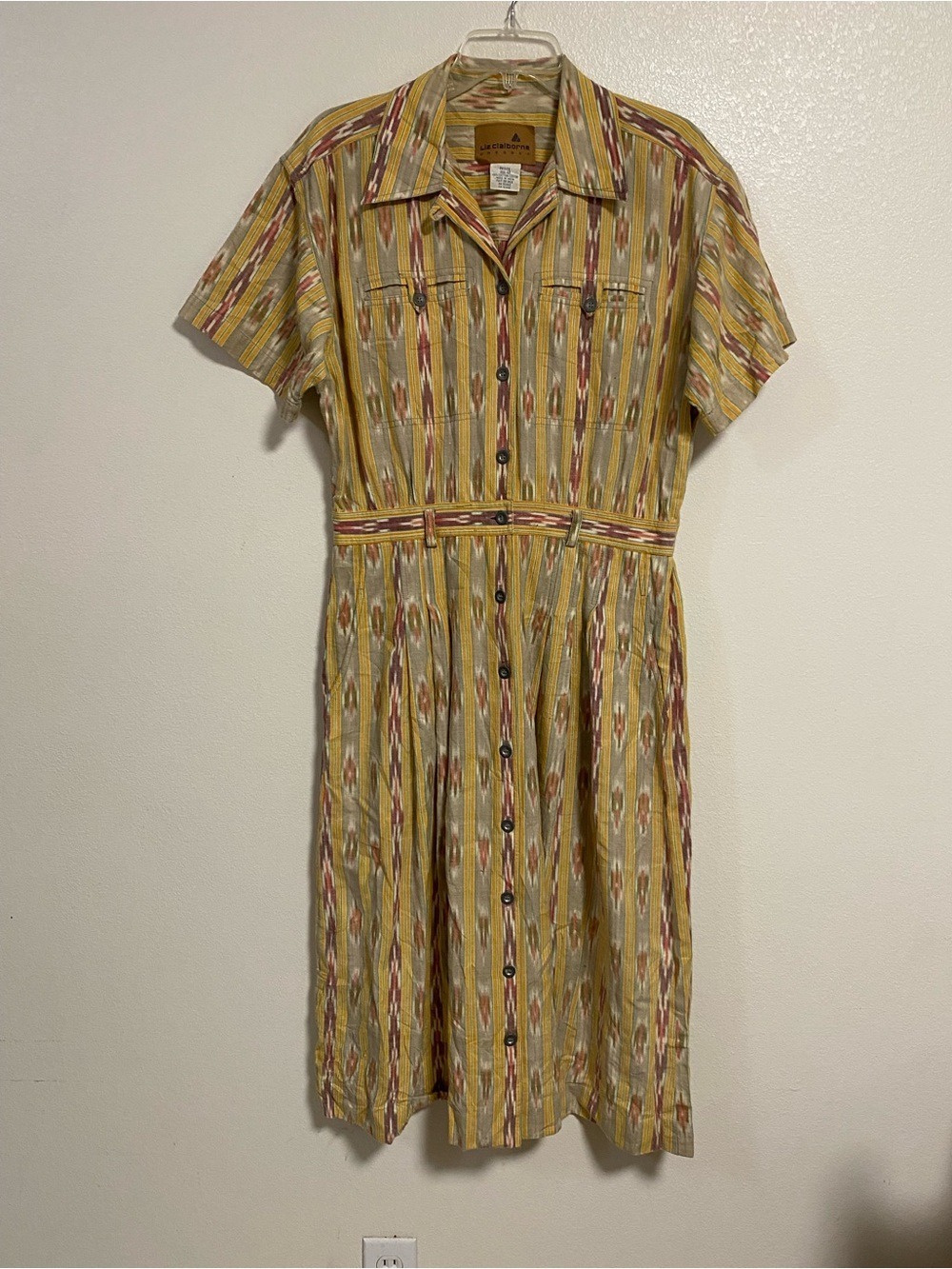 Vintage Liz Claiborne Dress Women’s Size 12P Yellow ikat stripe Midi Dress